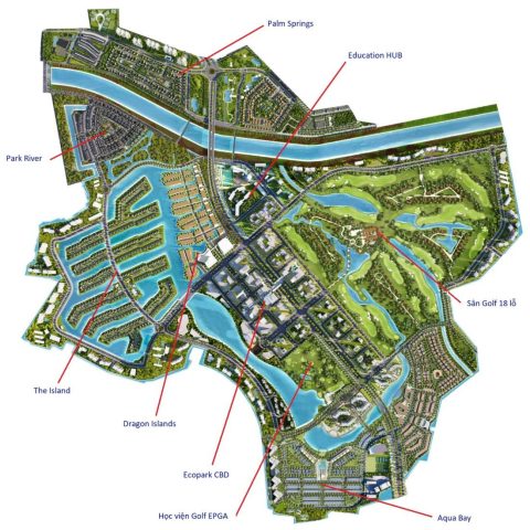 Sơ đồ tổng thể quy hoạch khu đô thị Ecopark Hưng Yên với các phân khu rõ ràng