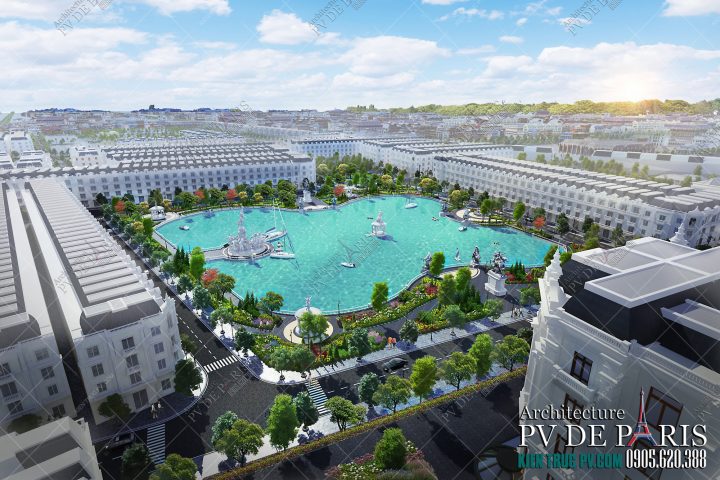 Tổng quan phối cảnh khu đô thị Quang Giáp Hải Dương nhìn từ trên cao với không gian xanh và hồ nước.