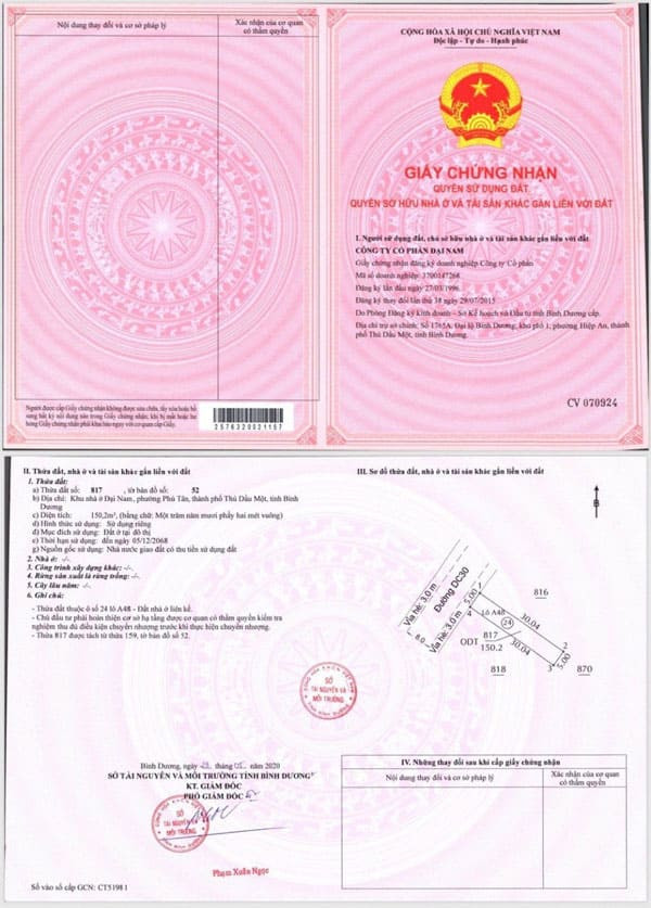 Giấy chứng nhận quyền sử dụng đất dự án khu nhà ở Đại Nam