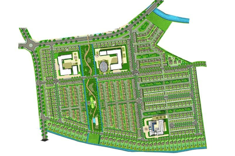 Hình ảnh minh họa khu vực Future Land với các dãy nhà liền kề và kênh nước